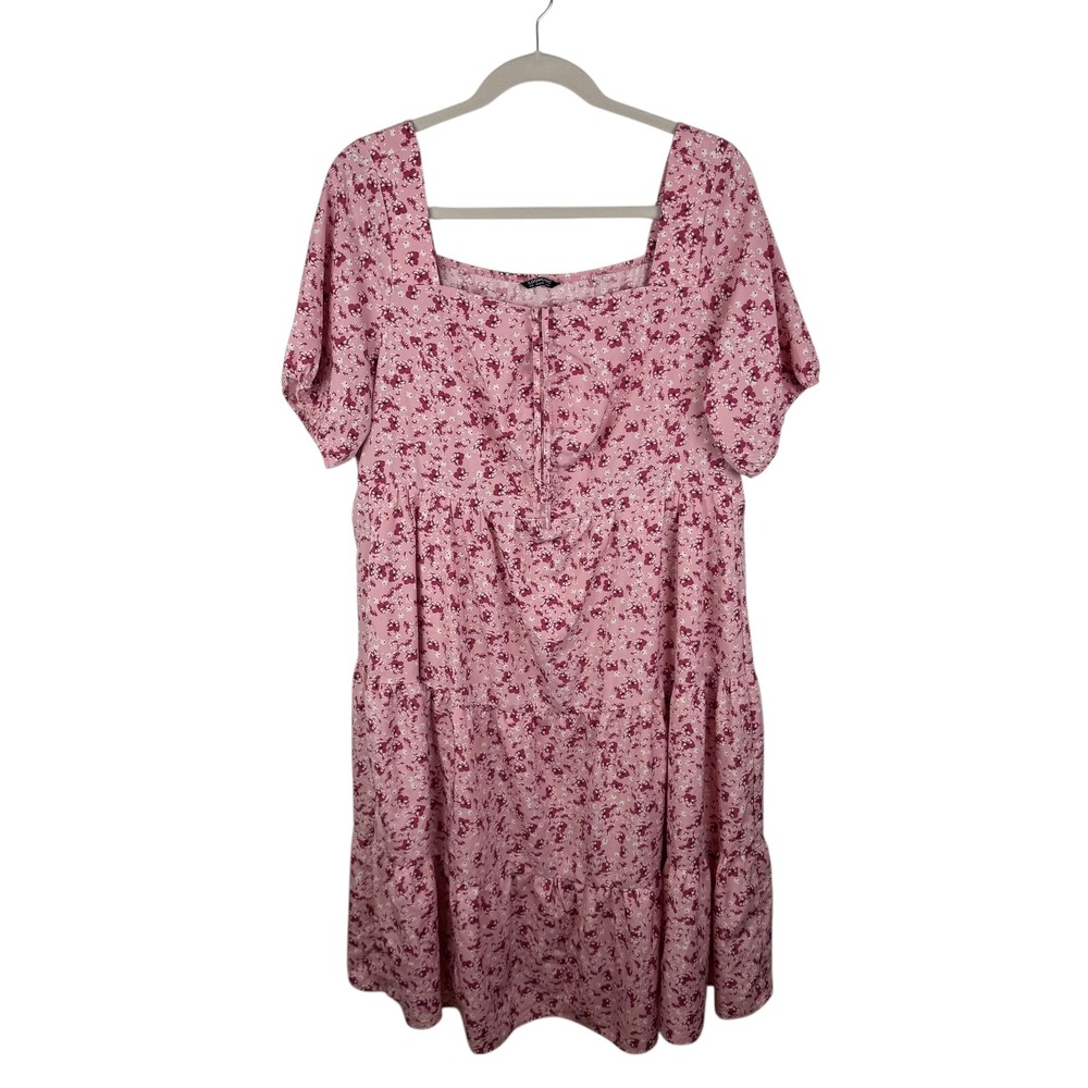 Bloomchic Pink Floral Square Neck Tiered Mini Dress Size‎ 22/24 Cottage Feminine
